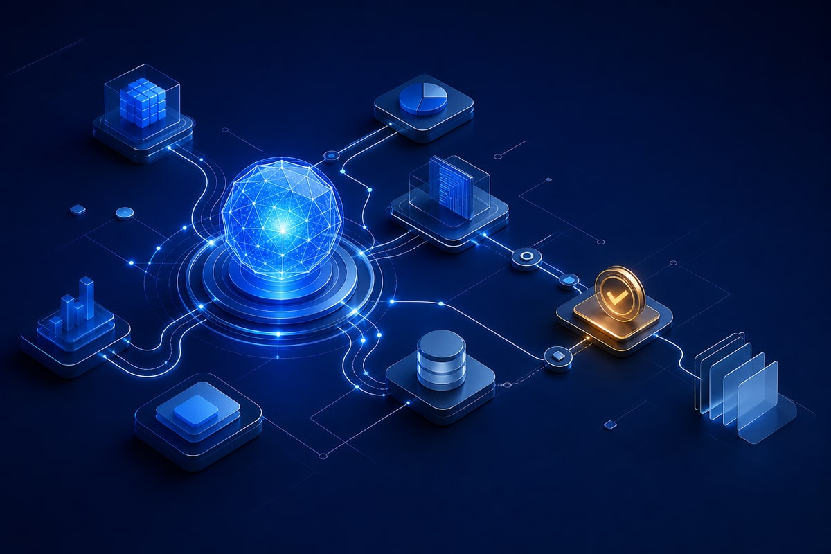 Abstract AI orchestration core connecting business systems with a human approval checkpoint