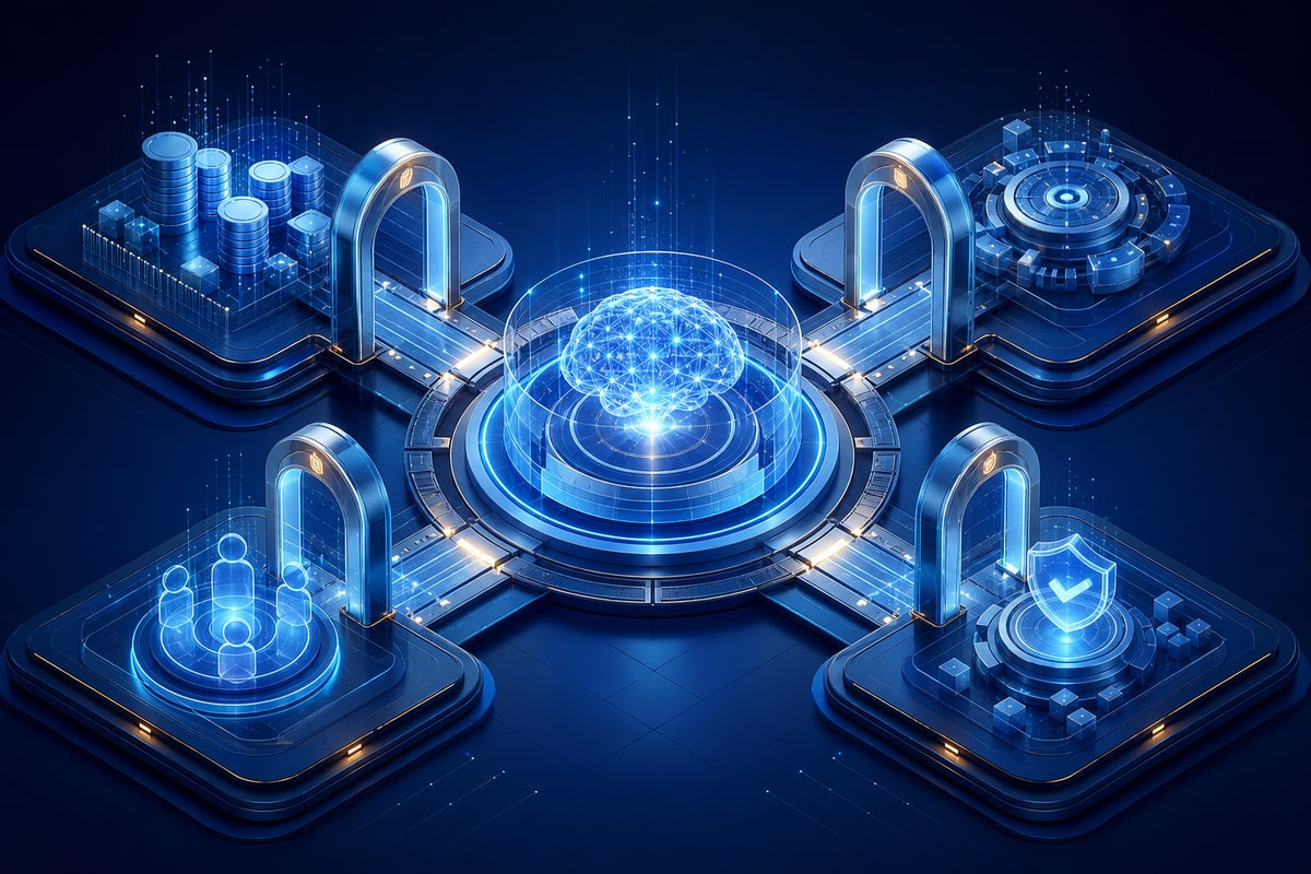 Abstract editorial illustration representing AI readiness assessment for business