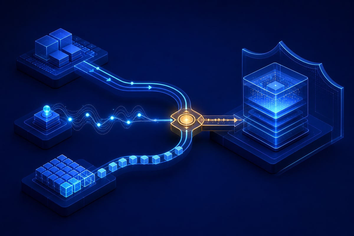 Three abstract integration pathways converging into a protected business system