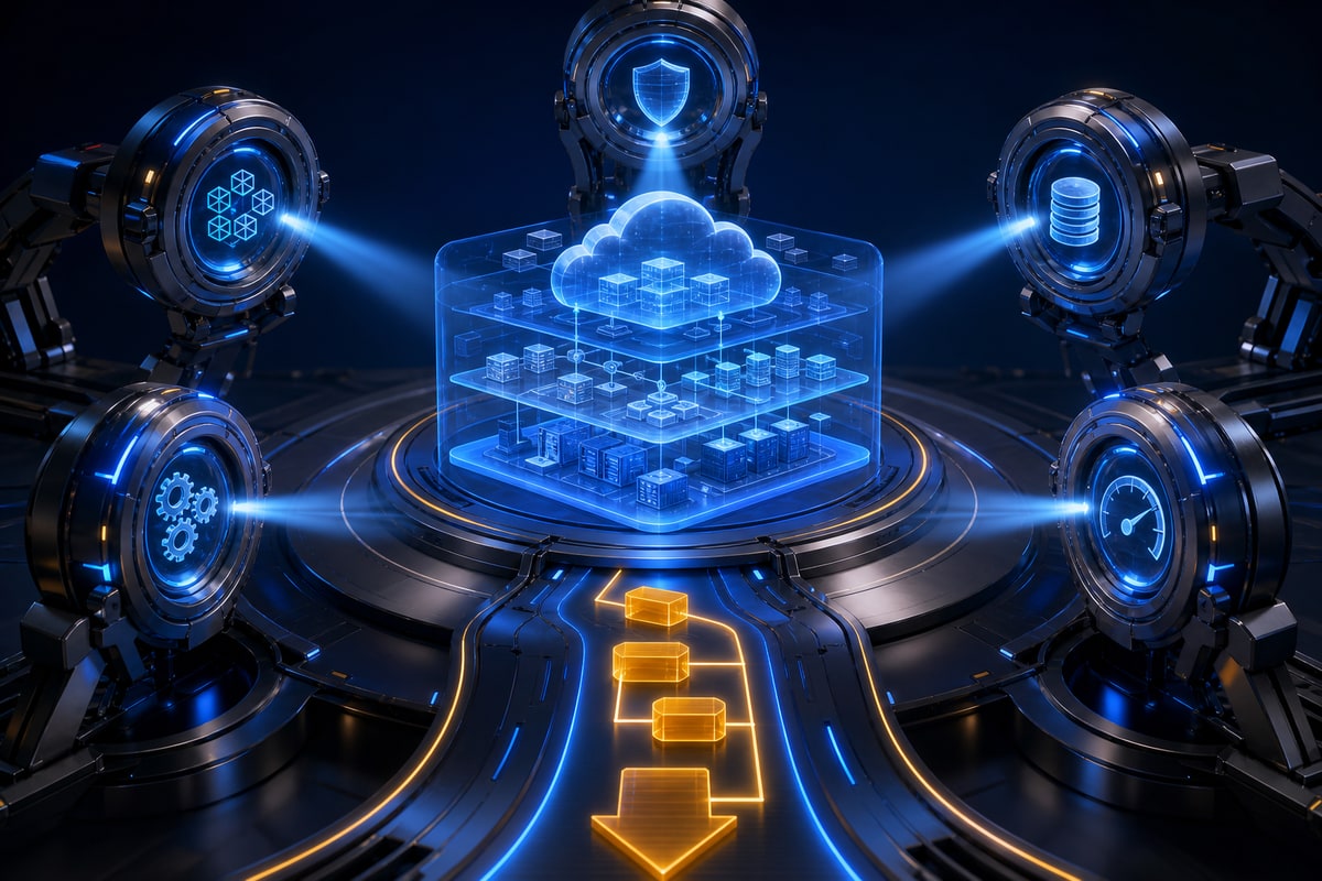 Abstract editorial illustration representing cloud architecture review checklist
