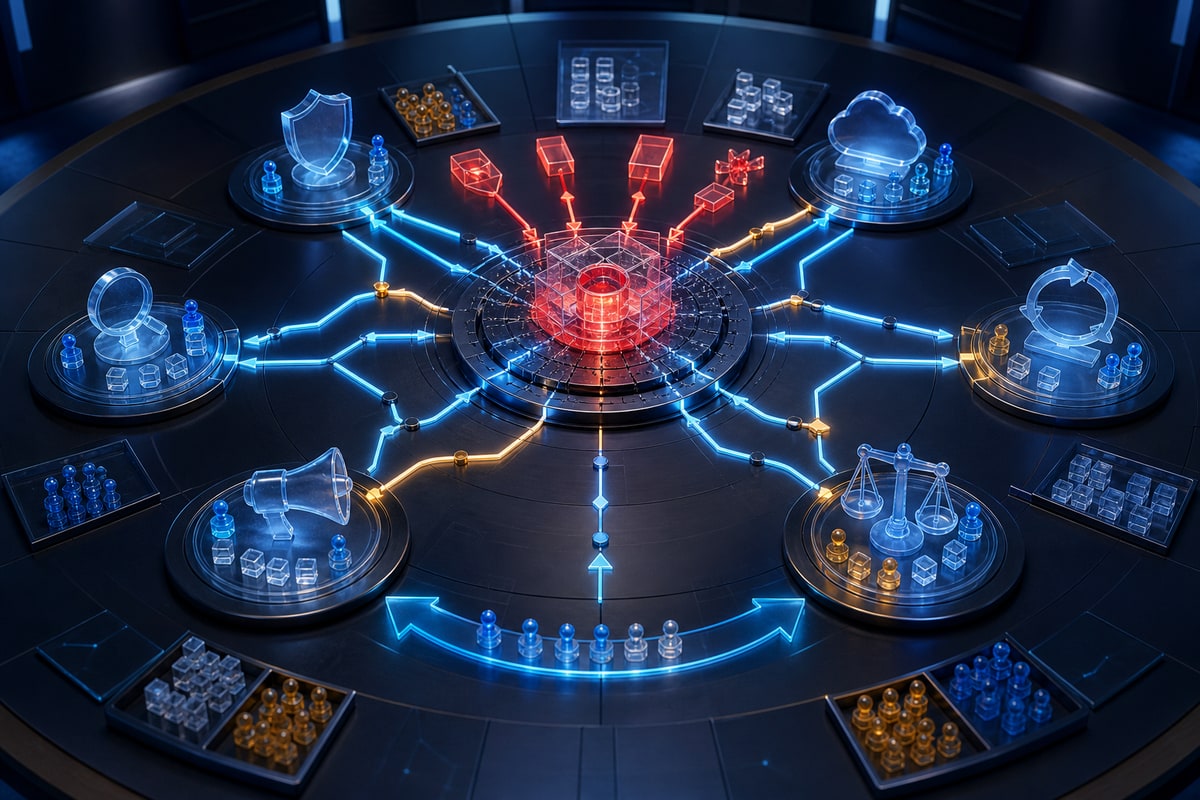 Ilustrasi editorial abstrak tentang tabletop exercise kebocoran data