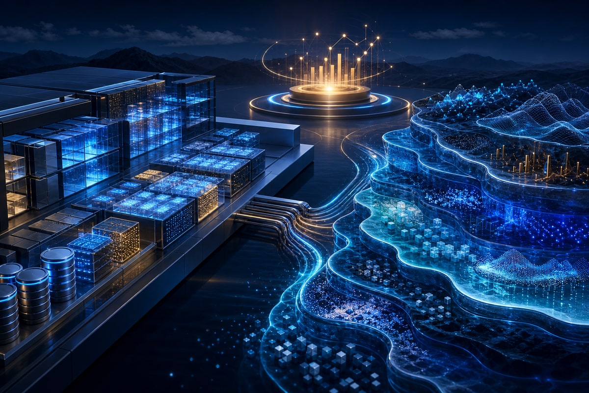 Abstract editorial illustration representing data warehouse vs lakehouse