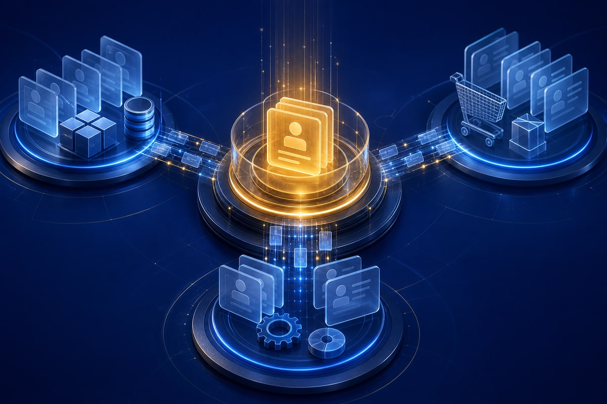 Abstract editorial illustration representing system of record ERP CRM
