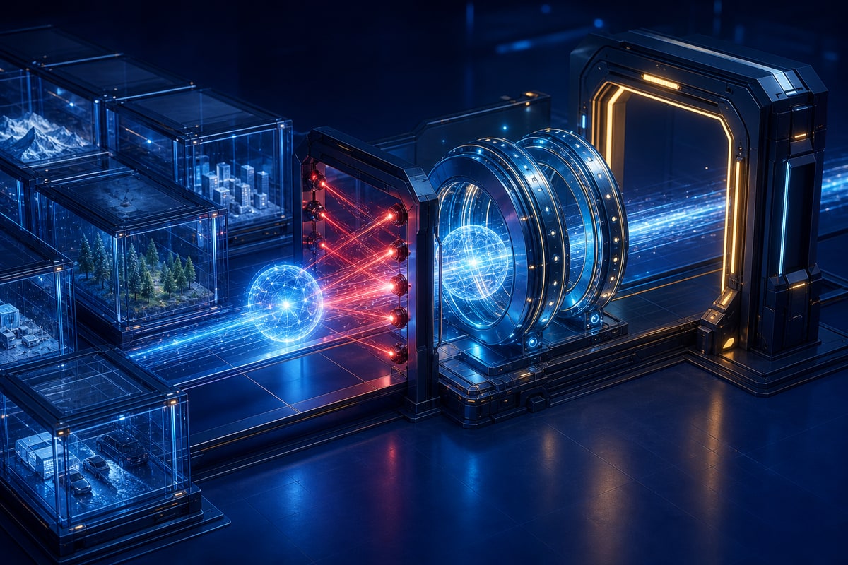 Abstract editorial illustration representing AI evaluation framework production