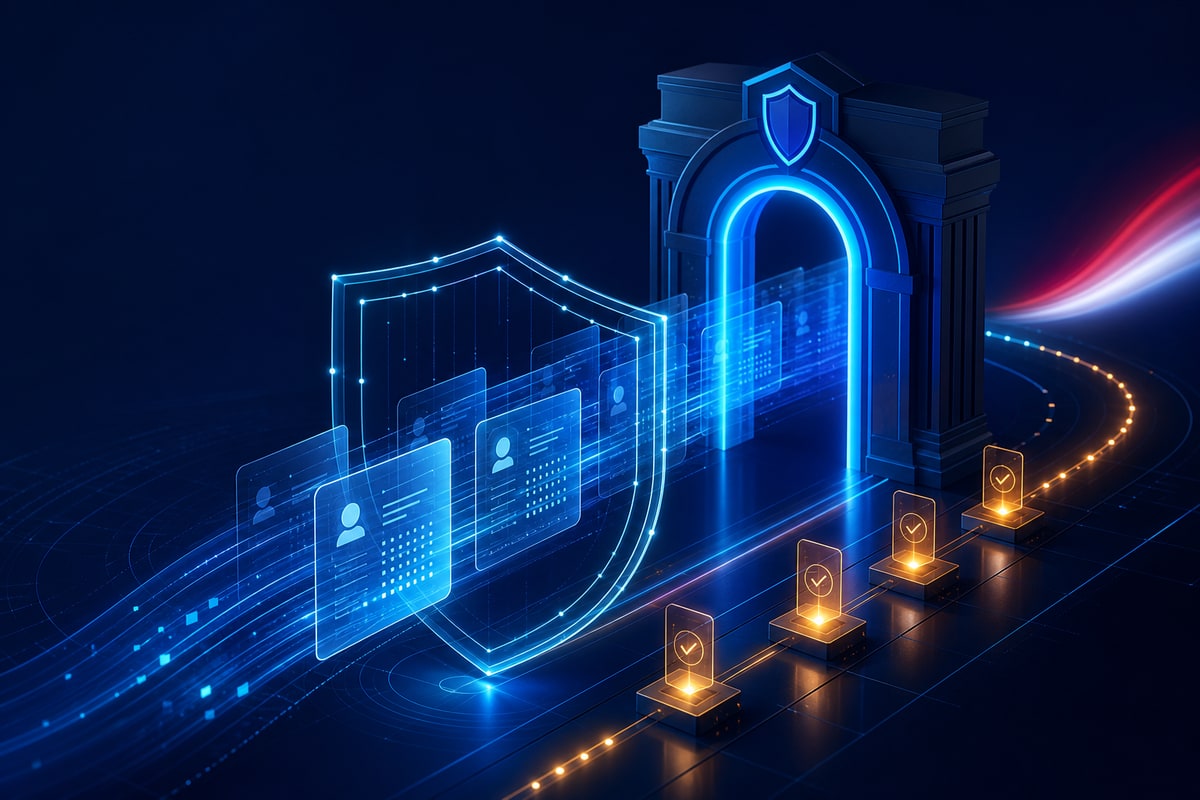 Protected personal-data records passing through a secure gateway with audit checkpoints