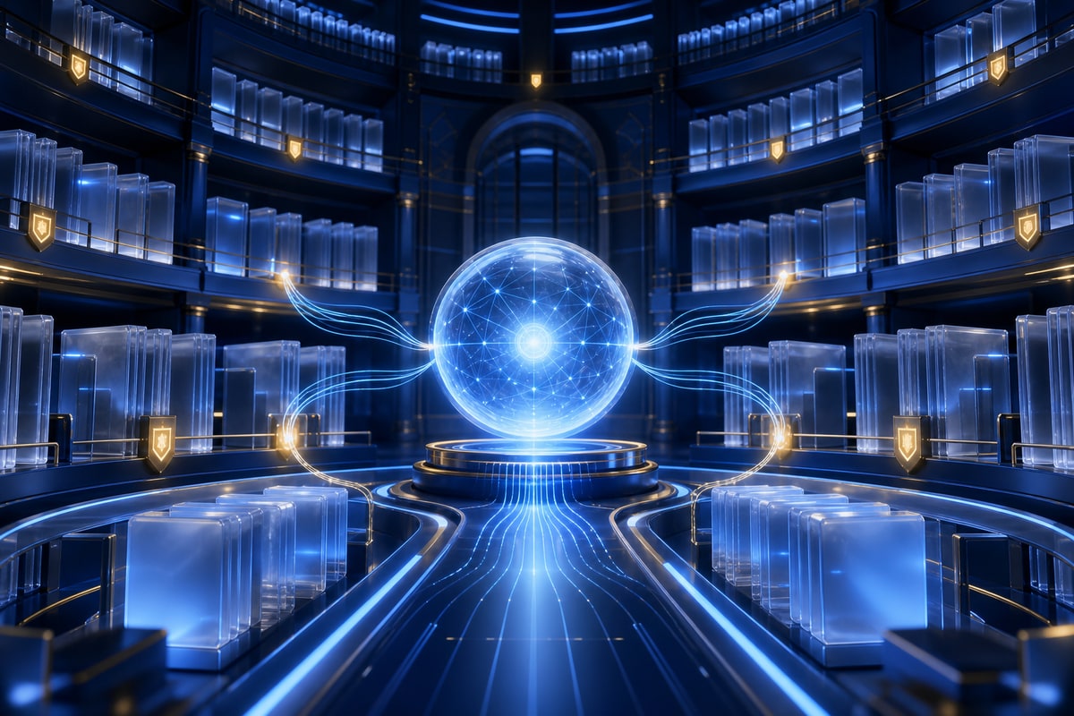 Abstract editorial illustration representing internal AI knowledge assistant