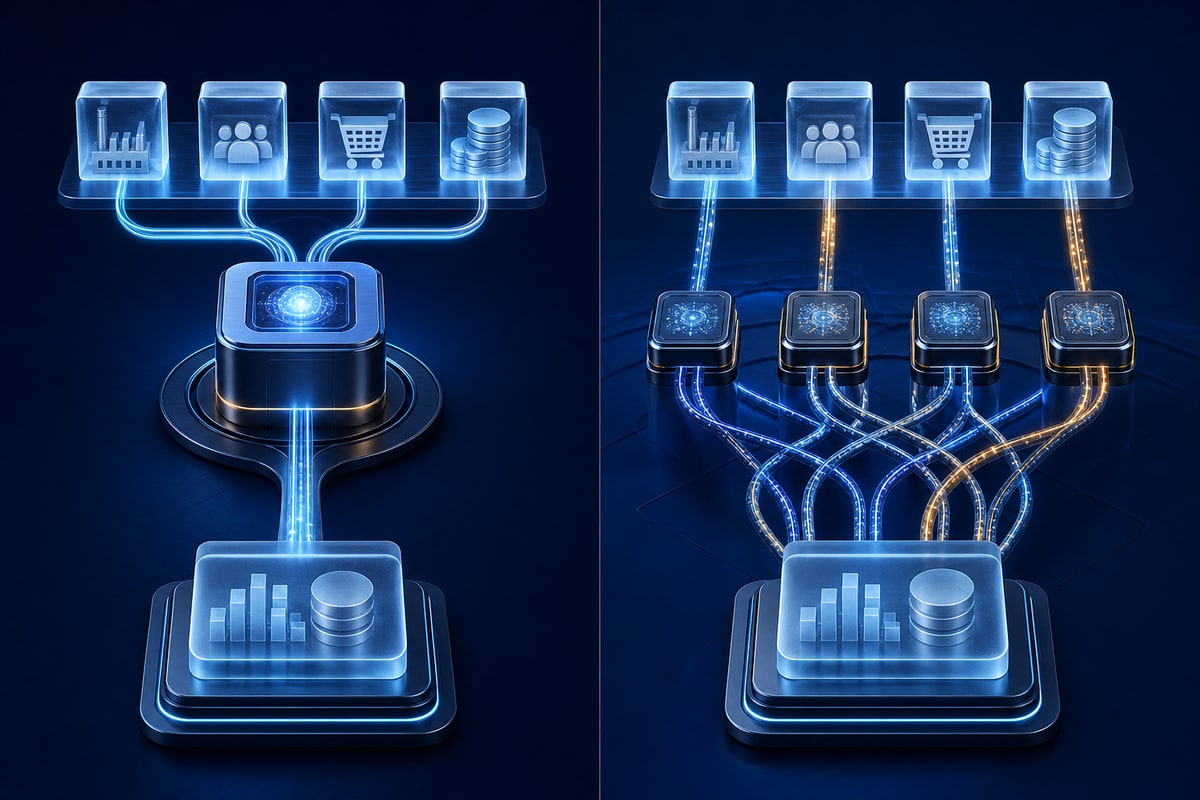 Abstract editorial illustration representing iPaaS vs custom integration
