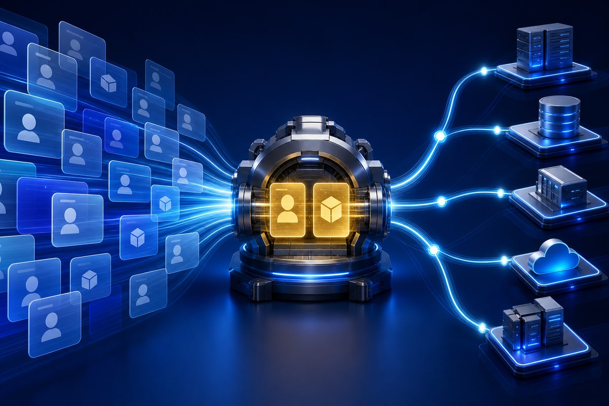 Abstract editorial illustration representing master data management customer product