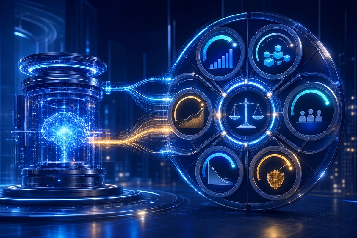 Abstract editorial illustration representing how to measure AI ROI
