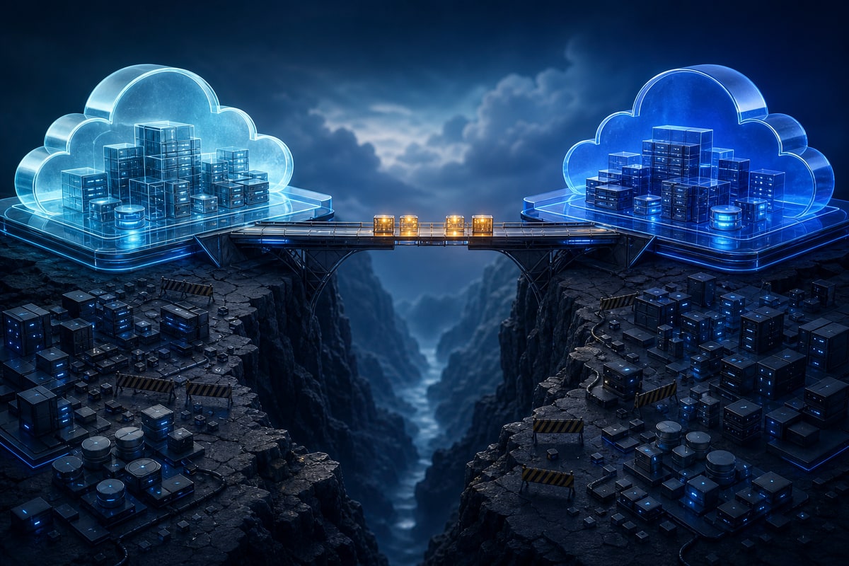 Abstract editorial illustration representing multi cloud strategy benefits risks