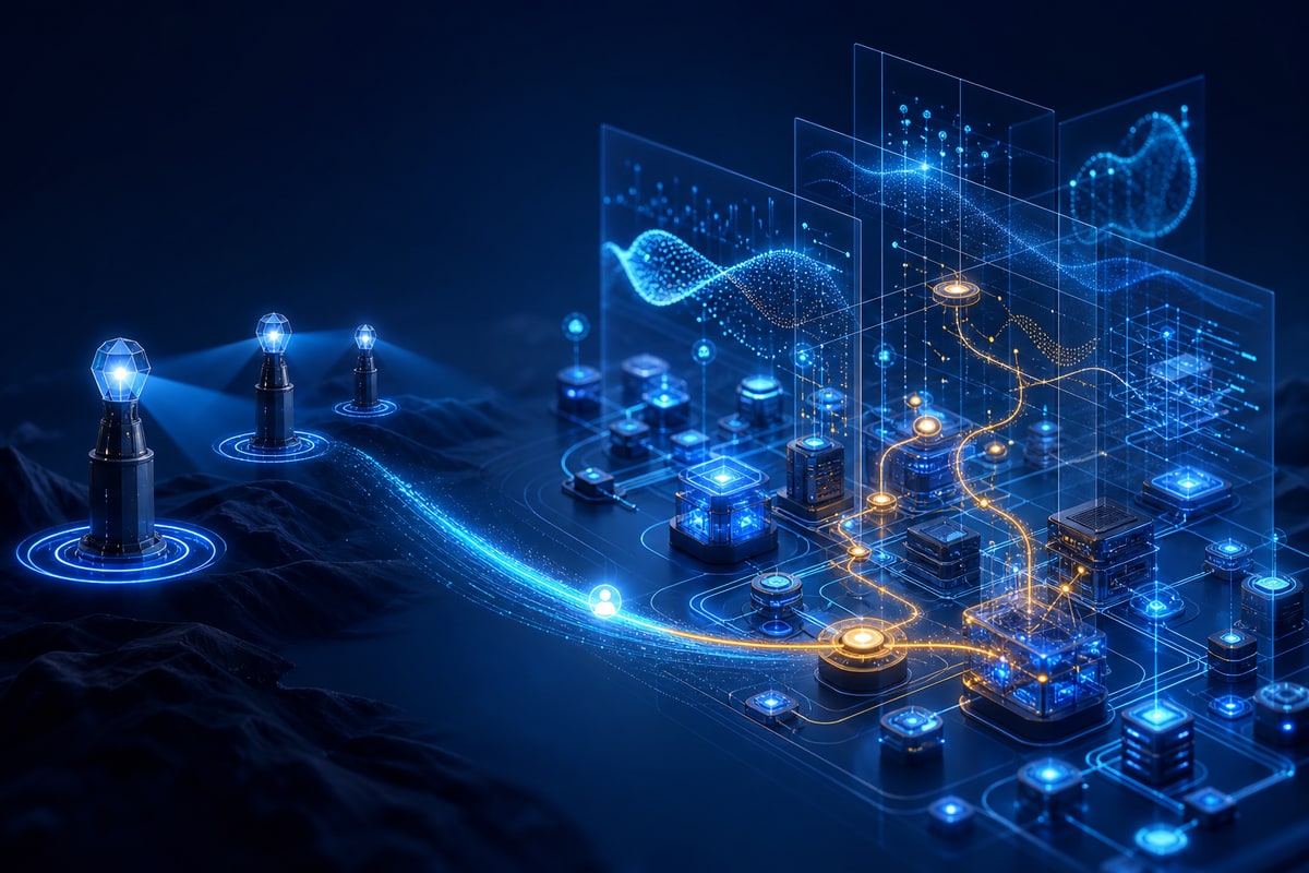Ilustrasi editorial abstrak tentang observability vs monitoring