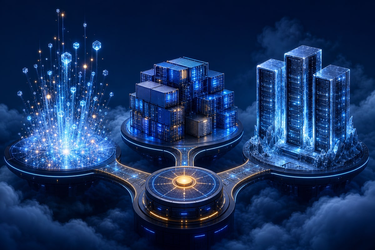 Abstract editorial illustration representing serverless vs containers vs virtual machines